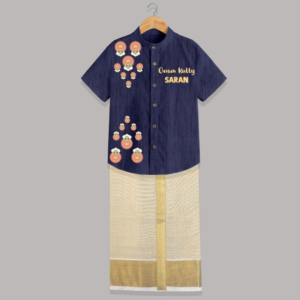 Kathakali Motif Trail Shirt and Dhoti - DARK BLUE - 0 - 6 Months Old (Chest-23") (Dhoti length-14")
