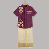 Kathakali Motif Trail Shirt and Dhoti - WINE - 0 - 6 Months Old (Chest-23") (Dhoti length-14")