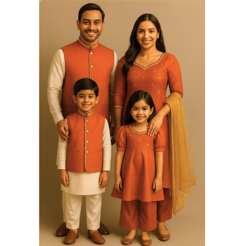Family wearing coordinated rust orange and cream raw silk ethnic outfits — father, mother, son, and daughter in matching festive Indian attire.