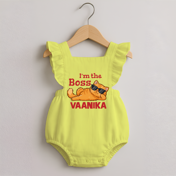 I'm The Boss Personalized Romper Frock - PASTEL YELLOW - 0 - 3 Months Old (Chest 19")