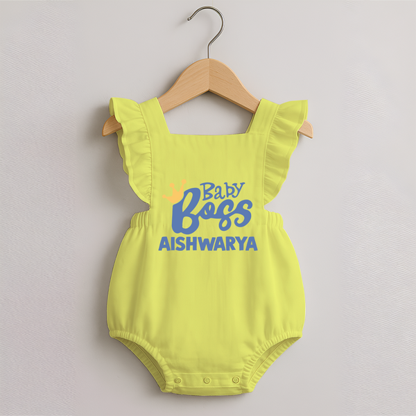 Baby Boss Boy Personalized Romper Frock  - PASTEL YELLOW - 0 - 3 Months Old (Chest 19")