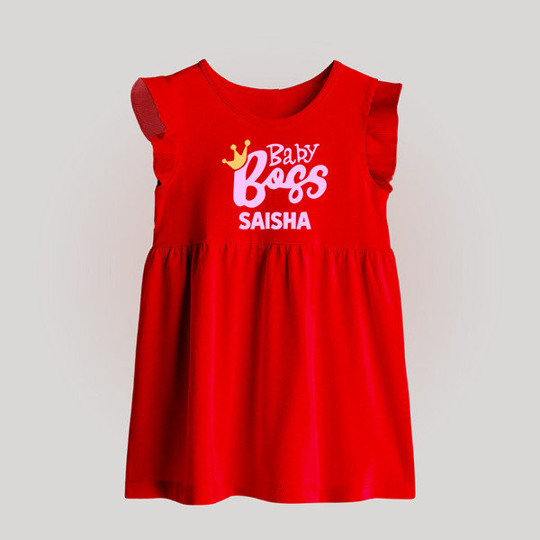Baby Boss Girl Personalized Baby Frock  - RED - 0 - 3 Months Old (Chest 17")