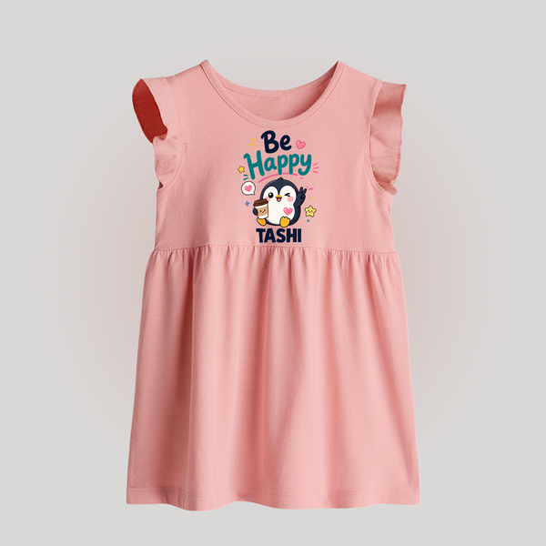 Be Happy Penguin Personalized Baby Frock - BABY PINK - 0 - 3 Months Old (Chest 17")