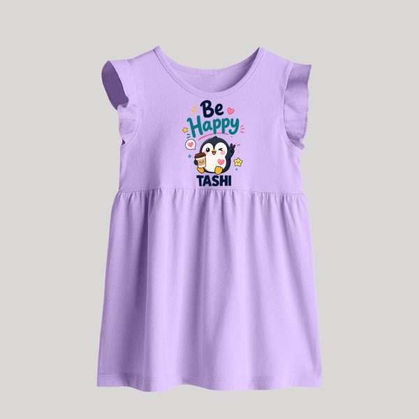Be Happy Penguin Personalized Baby Frock - LILAC - 0 - 3 Months Old (Chest 17")