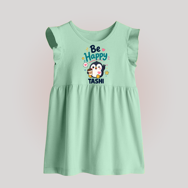 Be Happy Penguin Personalized Baby Frock - MINT GREEN - 0 - 3 Months Old (Chest 17")