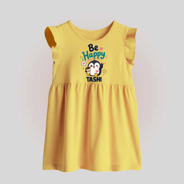 Be Happy Penguin Personalized Baby Frock - PASTEL YELLOW - 0 - 3 Months Old (Chest 17")