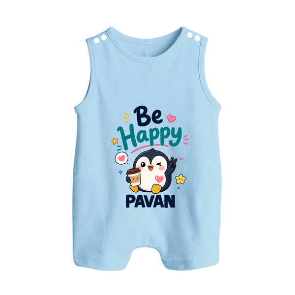 Be Happy Penguin Personalized Button Romper - BABY BLUE - New Born (Chest 18")