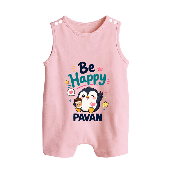 Be Happy Penguin Personalized Button Romper - BABY PINK - New Born (Chest 18")
