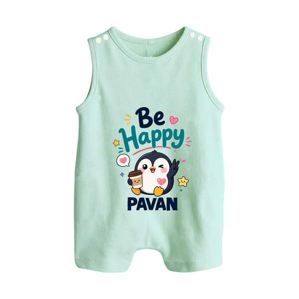 Be Happy Penguin Personalized Button Romper - MINT GREEN - New Born (Chest 18")