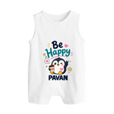 Be Happy Penguin Personalized Button Romper - WHITE - New Born (Chest 18")