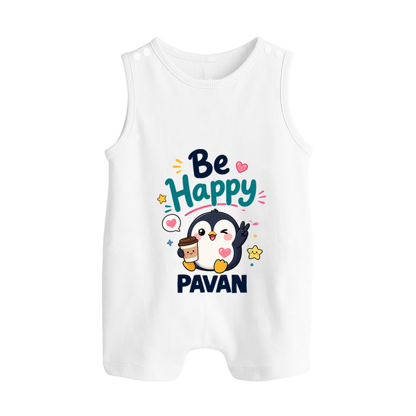 Be Happy Penguin Personalized Button Romper - WHITE - New Born (Chest 18")