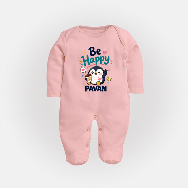 Be Happy Penguin Personalized Full Body Suit - BABY PINK - New Born (Chest 7.5")