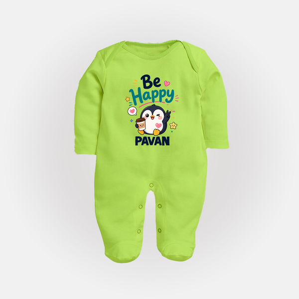 Be Happy Penguin Personalized Full Body Suit - LIME GREEN - New Born (Chest 7.5")