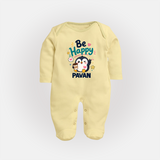 Be Happy Penguin Personalized Full Body Suit - PASTEL YELLOW - New Born (Chest 7.5")