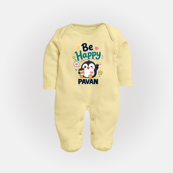 Be Happy Penguin Personalized Full Body Suit - PASTEL YELLOW - New Born (Chest 7.5")