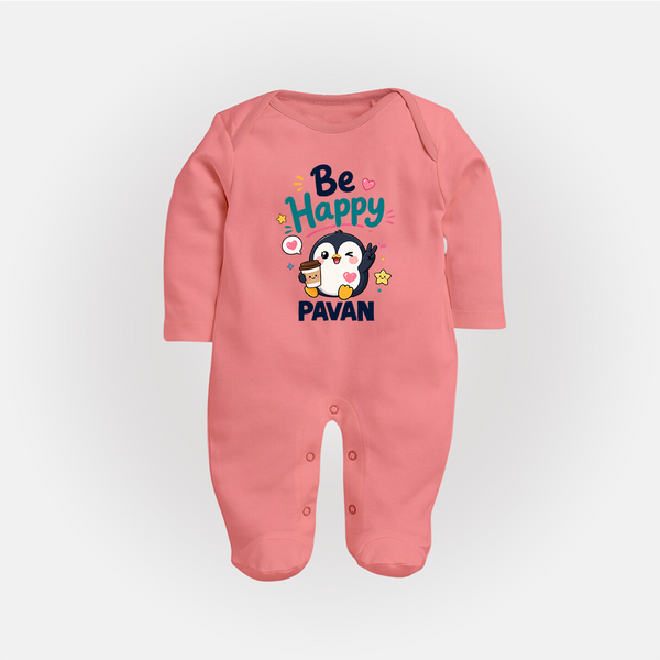 Be Happy Penguin Personalized Full Body Suit - PEACH - New Born (Chest 7.5")