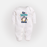 Be Happy Penguin Personalized Full Body Suit - WHITE - New Born (Chest 7.5")