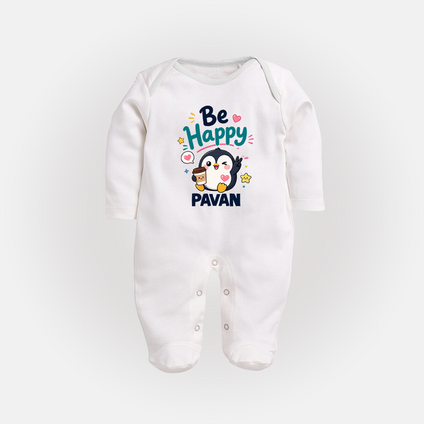 Be Happy Penguin Personalized Full Body Suit - WHITE - New Born (Chest 7.5")