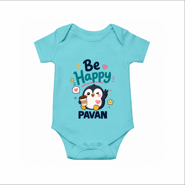 Be Happy Penguin Personalized Romper - ARCTIC BLUE - New Born (Chest 14")