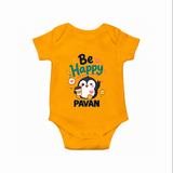 Be Happy Penguin Personalized Romper - CHROME YELLOW - New Born (Chest 14")