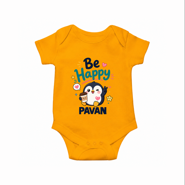 Be Happy Penguin Personalized Romper - CHROME YELLOW - New Born (Chest 14")