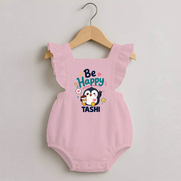 Be Happy Penguin Personalized Romper Frock - BABY PINK - 0 - 3 Months Old (Chest 19")