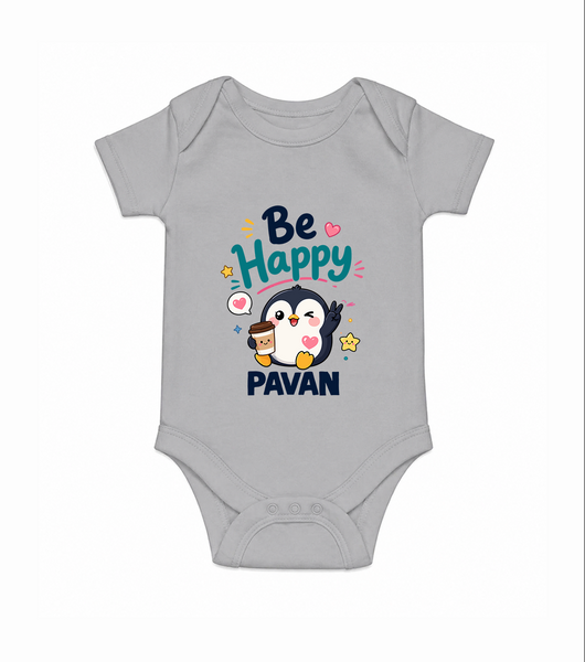 Be Happy Penguin Personalized Romper - GREY - New Born (Chest 14")