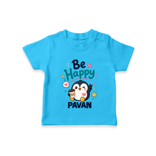 Be Happy Penguin Personalized TShirt - SKY BLUE - 0-5 Months Old (Chest 17")