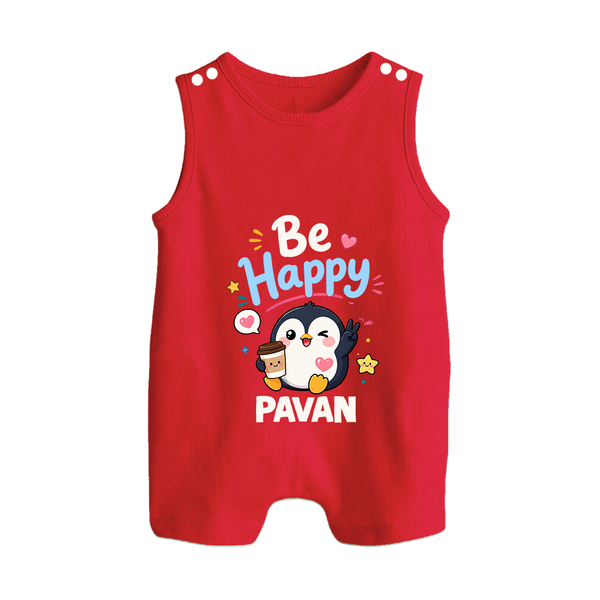 Be Happy Penguin Personalized Button Romper - RED - New Born (Chest 18")