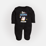 Be Happy Penguin Personalized Full Body Suit - BLACK - New Born (Chest 7.5")