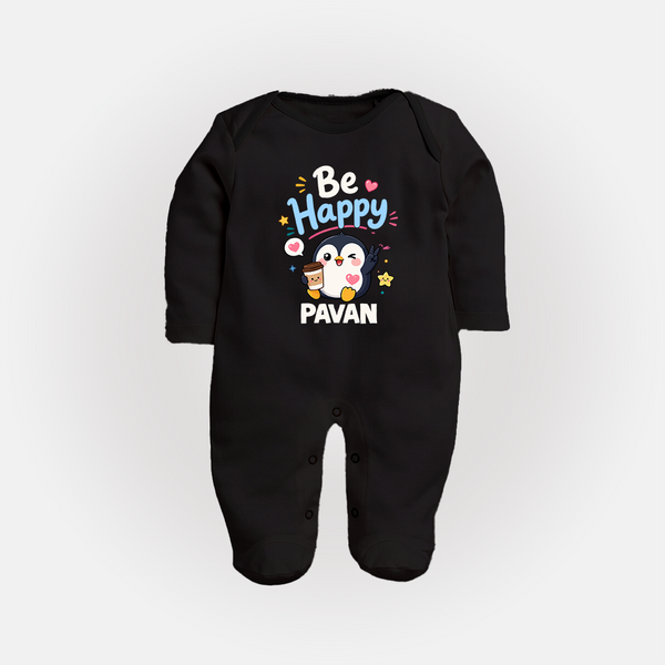 Be Happy Penguin Personalized Full Body Suit - BLACK - New Born (Chest 7.5")