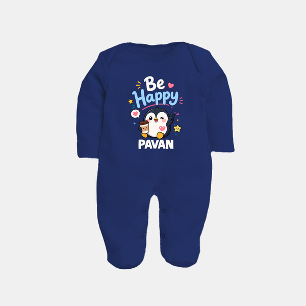 Be Happy Penguin Personalized Full Body Suit - NAVY BLUE - New Born (Chest 7.5")