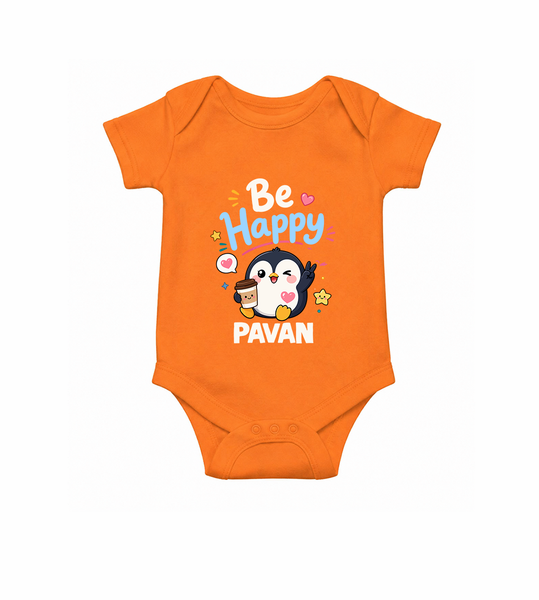 Be Happy Penguin Personalized Romper - ORANGE - New Born (Chest 14")