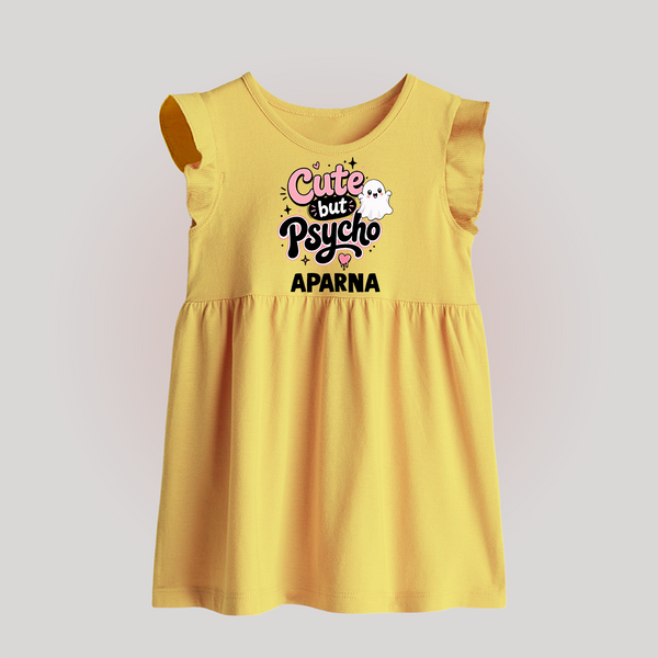 Cute But Psycho Personalized Baby Frock - PASTEL YELLOW - 0 - 3 Months Old (Chest 17")