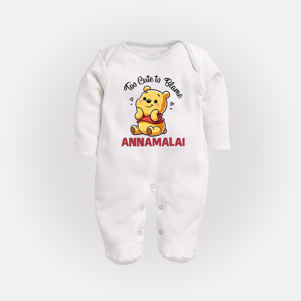 Too Cute To Blame Personalized Full Body Suit - WHITE - New Born (Chest 7.5")
