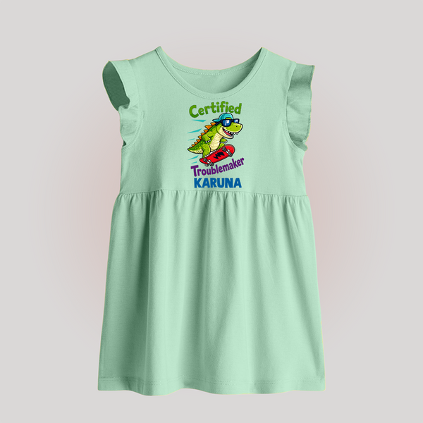 Certified Troublemaker Personalized Baby Frock - MINT GREEN - 0 - 3 Months Old (Chest 17")