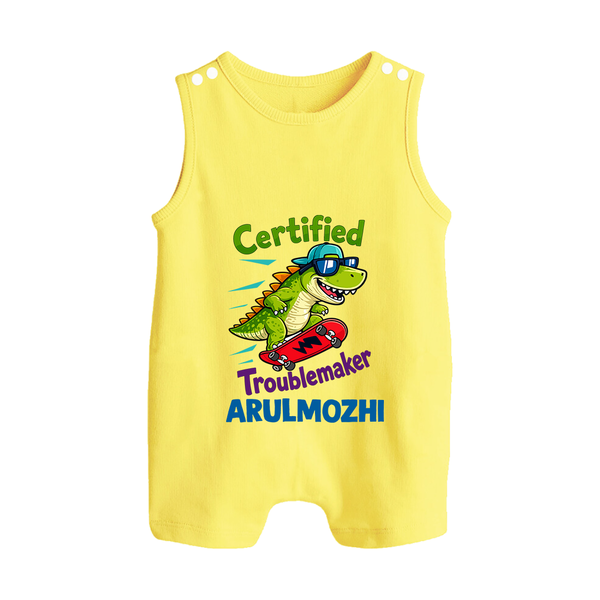 Certified Troublemaker Personalized Button Romper - PASTEL YELLOW - New Born (Chest 18")