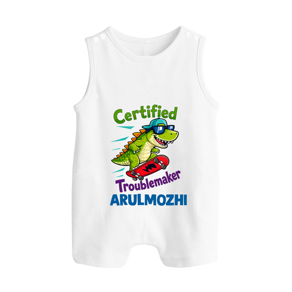 Certified Troublemaker Personalized Button Romper - WHITE - New Born (Chest 18")