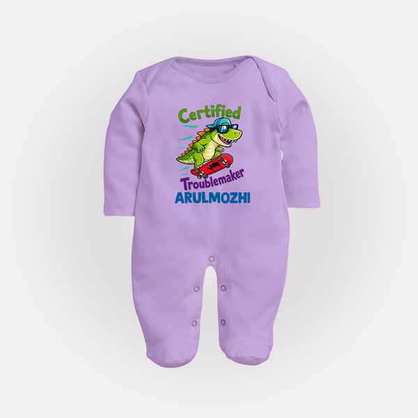 Certified Troublemaker Personalized Full Body Suit - LILAC - New Born (Chest 7.5")