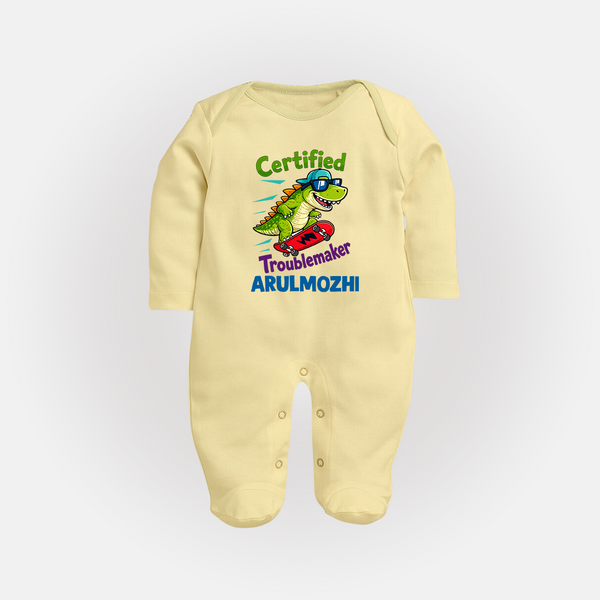 Certified Troublemaker Personalized Full Body Suit - PASTEL YELLOW - New Born (Chest 7.5")