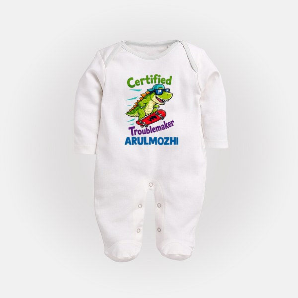 Certified Troublemaker Personalized Full Body Suit - WHITE - New Born (Chest 7.5")