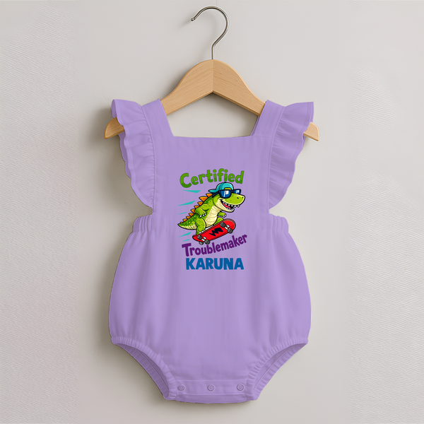 Certified Troublemaker Personalized Romper Frock - LILAC - 0 - 3 Months Old (Chest 19")