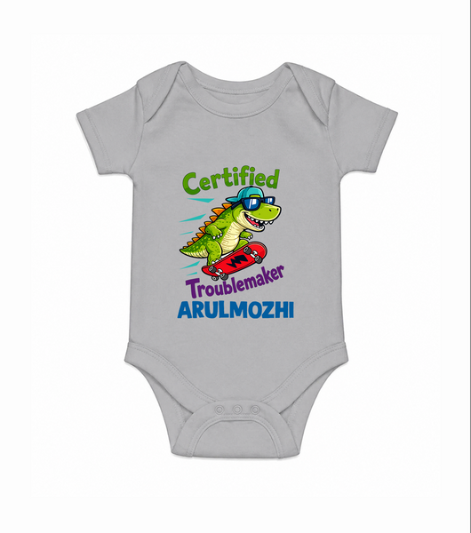 Certified Troublemaker Personalized Romper - GREY - New Born (Chest 14")