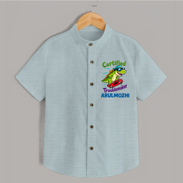 Certified Troublemaker Personalized Shirt - ARCTIC BLUE - 0 - 6 Months Old (Chest 23")
