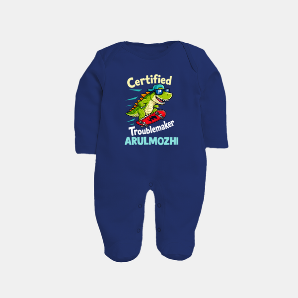 Certified Troublemaker Personalized Full Body Suit - NAVY BLUE - New Born (Chest 7.5")