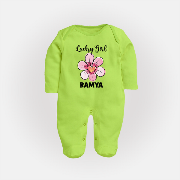 Lucky Girl Personalized Full Body Suit - LIME GREEN - New Born (Chest 7.5")