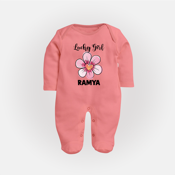 Lucky Girl Personalized Full Body Suit - PEACH - New Born (Chest 7.5")