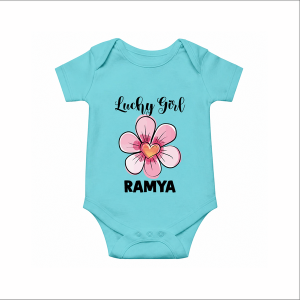 Lucky Girl Personalized Romper - ARCTIC BLUE - New Born (Chest 14")