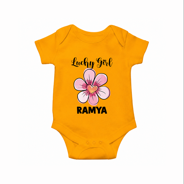 Lucky Girl Personalized Romper - CHROME YELLOW - New Born (Chest 14")