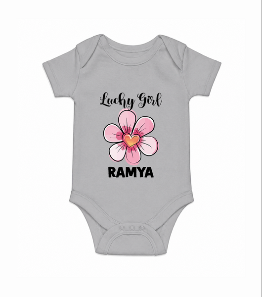 Lucky Girl Personalized Romper - GREY - New Born (Chest 14")